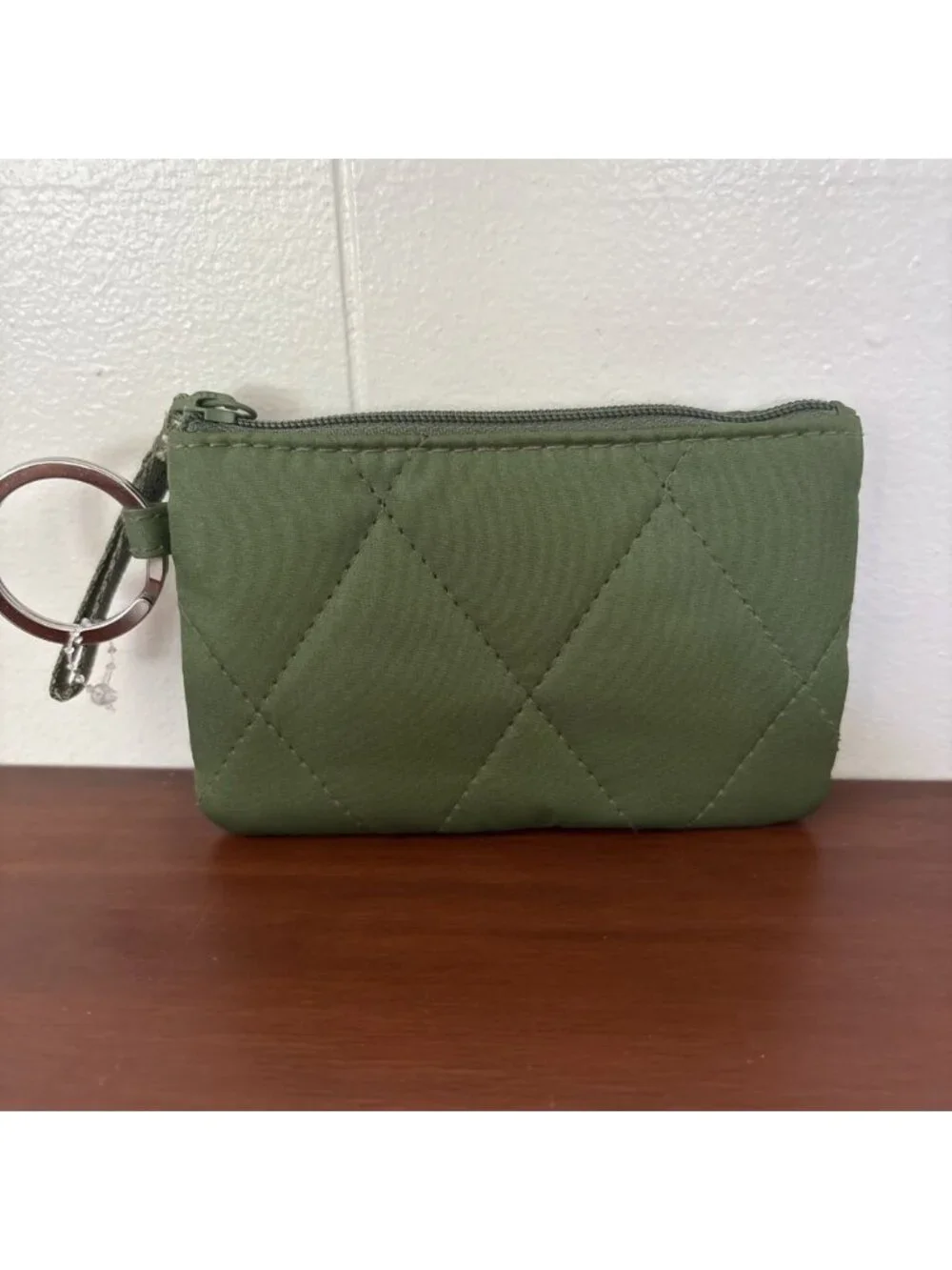Vera Bradley Cedar Green Ultralight Zip-ID Case w/ Key Ring Floral Lining